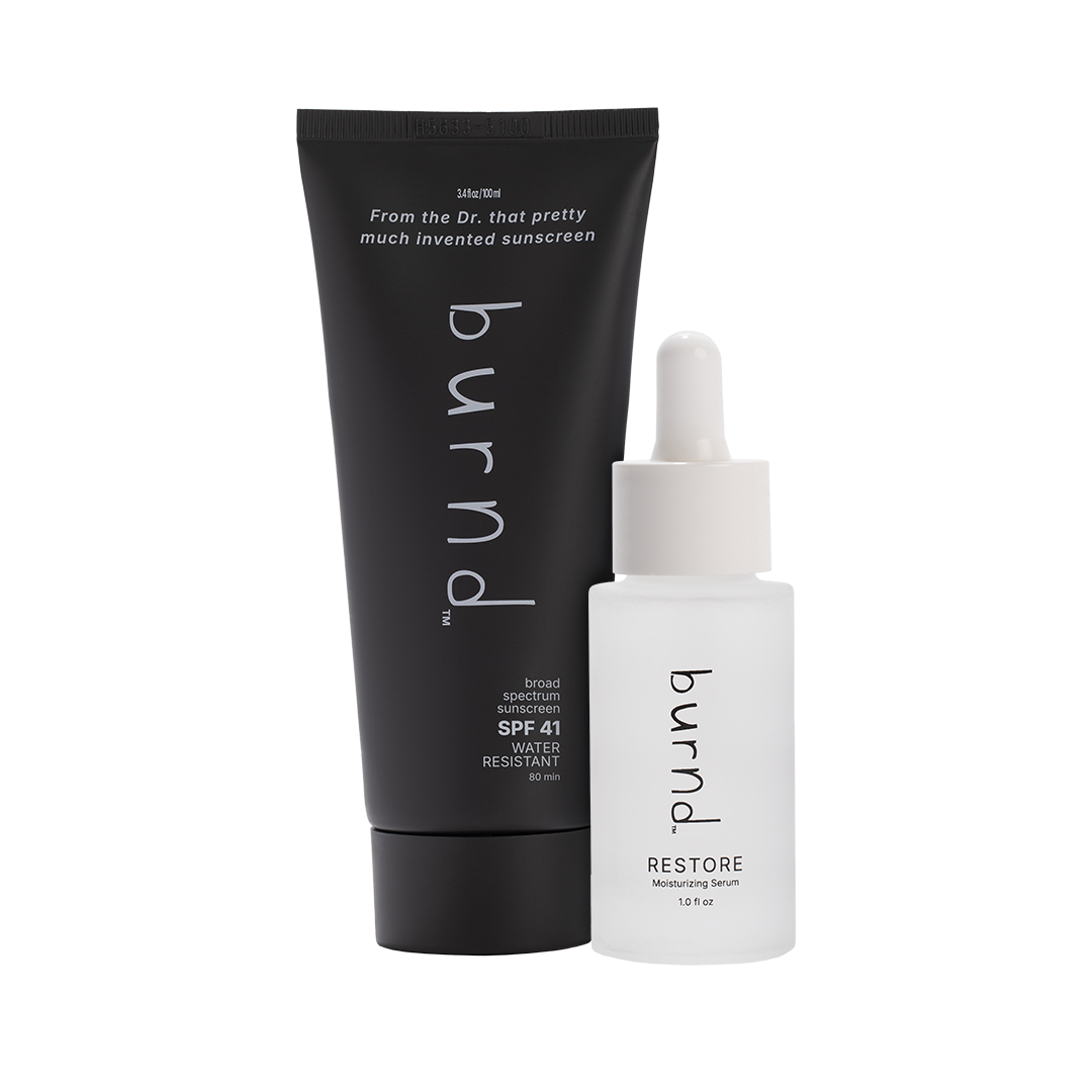 Two skincare products from the brand 'burnd' on a white background. SPF41 high performance sunscreen & Restore hydrating skin serum.