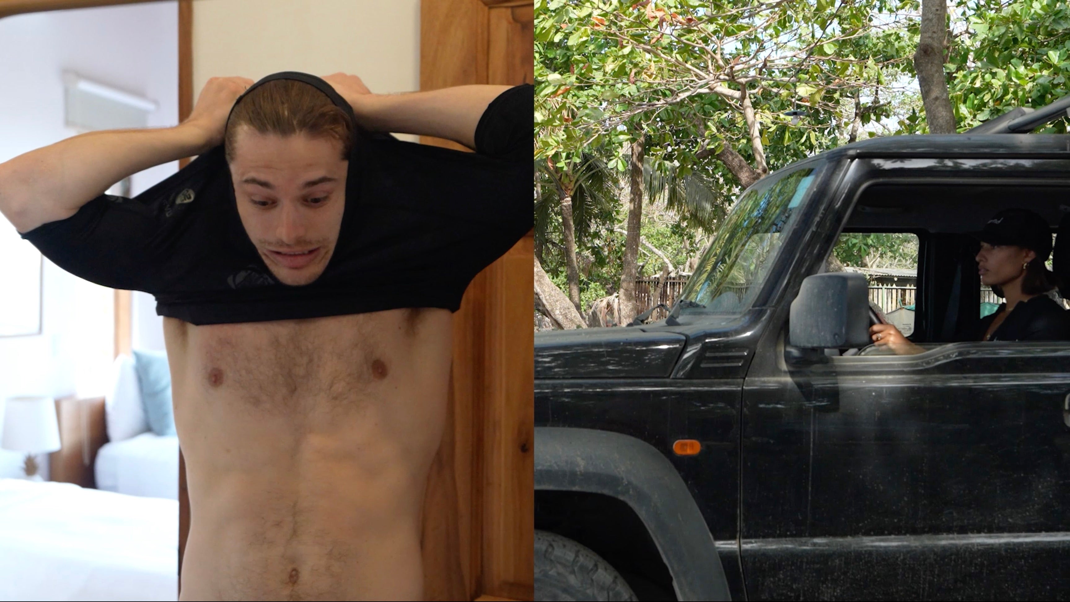 Person putting on a black shirt, and another person inside a vehicle.