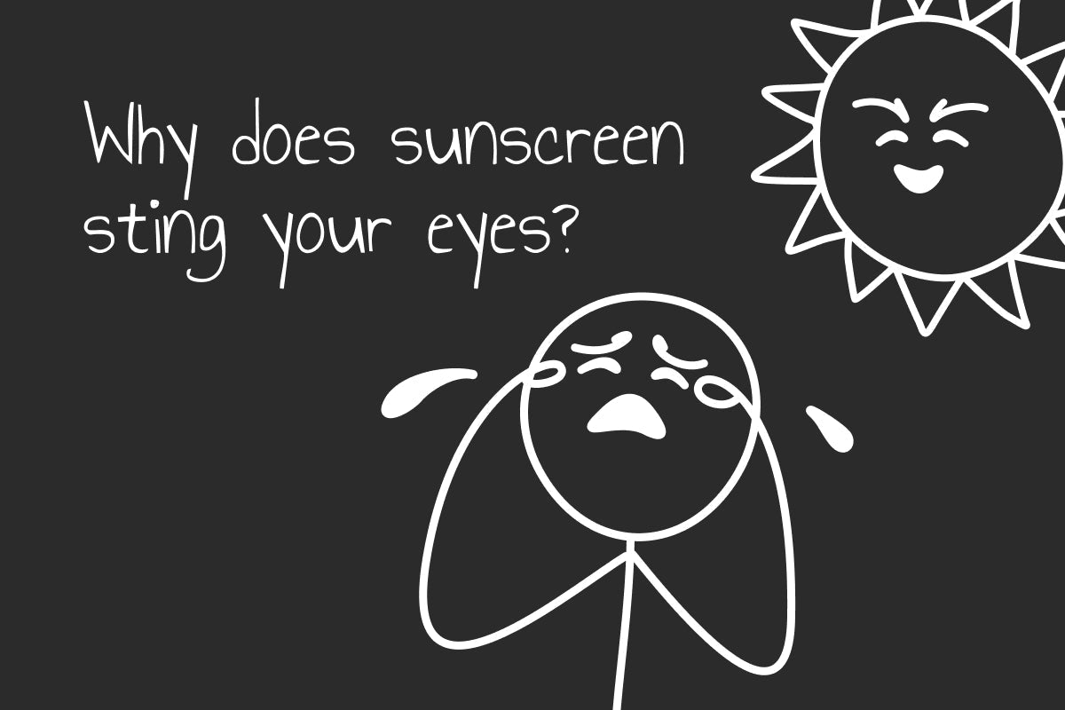 Why does sunscreen get in your eyes? An illustration of a man crying after getting something in his eyes, and the sun laughing at him