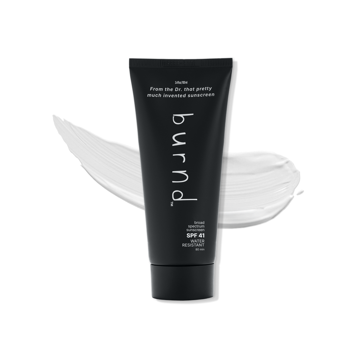 Black tube of dermatologist recommended burnd SPF41 broad-spectrum, 80 minutes water resistant, clear drying sunscreen with white text on a black background