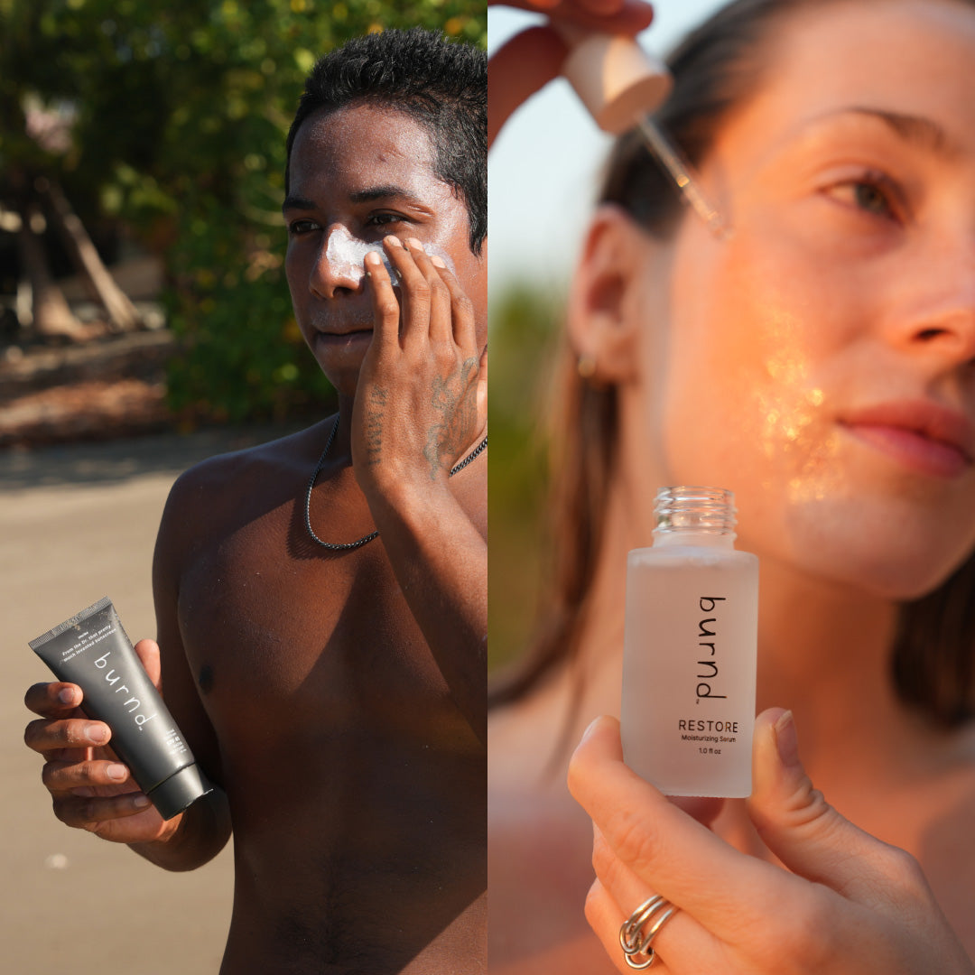 Showcasing the burnd system, SPF41 sunscreen and the hydrating skin serum restore, highlighting the importance of having a full routine to take care of skin in the summer
